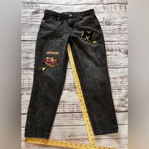 Black Faded Denim Jeans With Patches